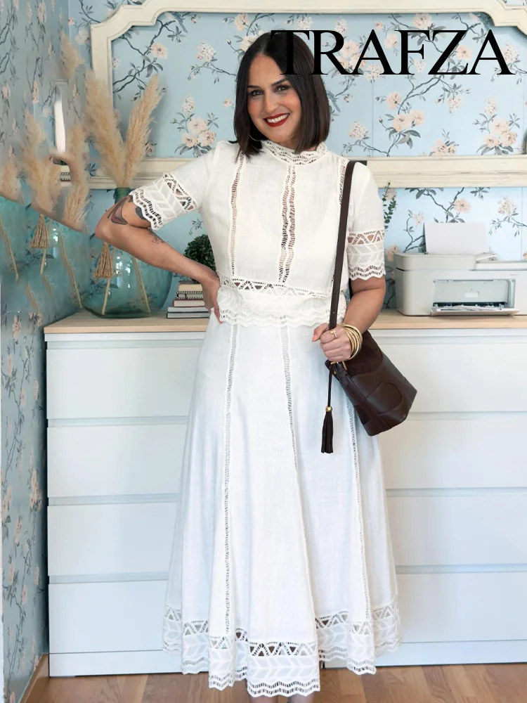 TRAFZA Summer Women Elegant Crocheting Details Skirt Suit Casual White Short-sleeve O-Neck Blouse+Side Zipper White Midi Skirt
TRAFZA Summer Women Elegant Crocheting Details Skirt Suit Casual White Short-sleeve O-Neck Blouse+Side Zipper White Midi Skirt