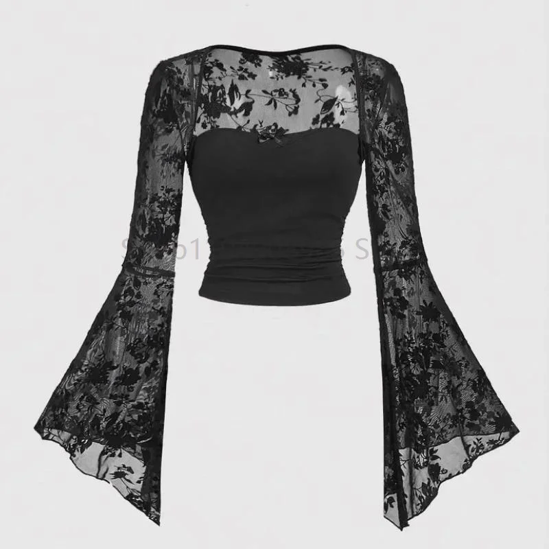 Sexy Lace Gothic Mesh Flared Long Sleeve Smock Vintage Black See Through Cover-ups T-Shirts Women Streetwear
Sexy Lace Gothic Mesh Flared Long Sleeve Smock Vintage Black See Through Cover-ups T-Shirts Women Streetwear