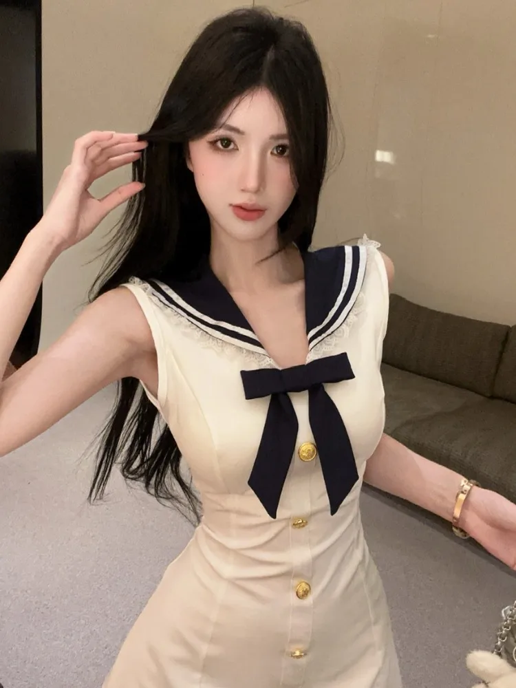 Slim Fit Lace Splice Naval Collar Knot Summer Dress Korean Style High Waist Short Skirt Casual Wear Polyester Fiber
Slim Fit Lace Splice Naval Collar Knot Summer Dress Korean Style High Waist Short Skirt Casual Wear Polyester Fiber