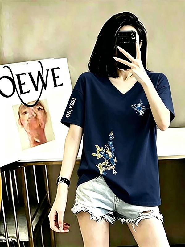 Simple Printed T-Shirt Women's Short Sleeve Loose Fit Summer New Style Casual Shoulder Breathable Polyester Fiber V-Neck Top
Simple Printed T-Shirt Women's Short Sleeve Loose Fit Summer New Style Casual Shoulder Breathable Polyester Fiber V-Neck Top