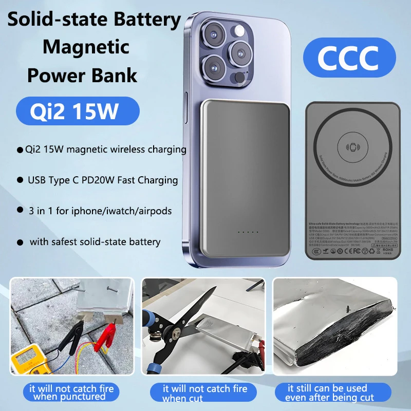 CCC Semi-solid Battery Qi2 Magnetic Power Bank Wireless Fast Charging Portable External Battery for iPhone 12-17 iWatch Airpods
CCC Semi-solid Battery Qi2 Magnetic Power Bank Wireless Fast Charging Portable External Battery for iPhone 12-17 iWatch Airpods