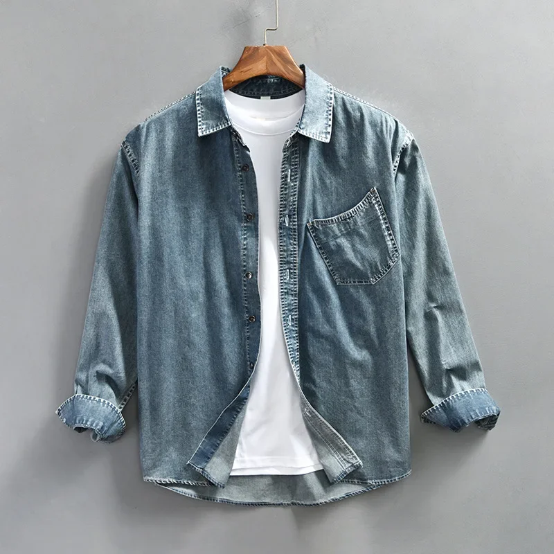 American Retro Blue Denim Shirt Men Long Sleeve Spring Fall Casual Jean Shirts Lapel Cargo Shirt Loose Cowboy Top Streetwear Men
American Retro Blue Denim Shirt Men Long Sleeve Spring Fall Casual Jean Shirts Lapel Cargo Shirt Loose Cowboy Top Streetwear Men