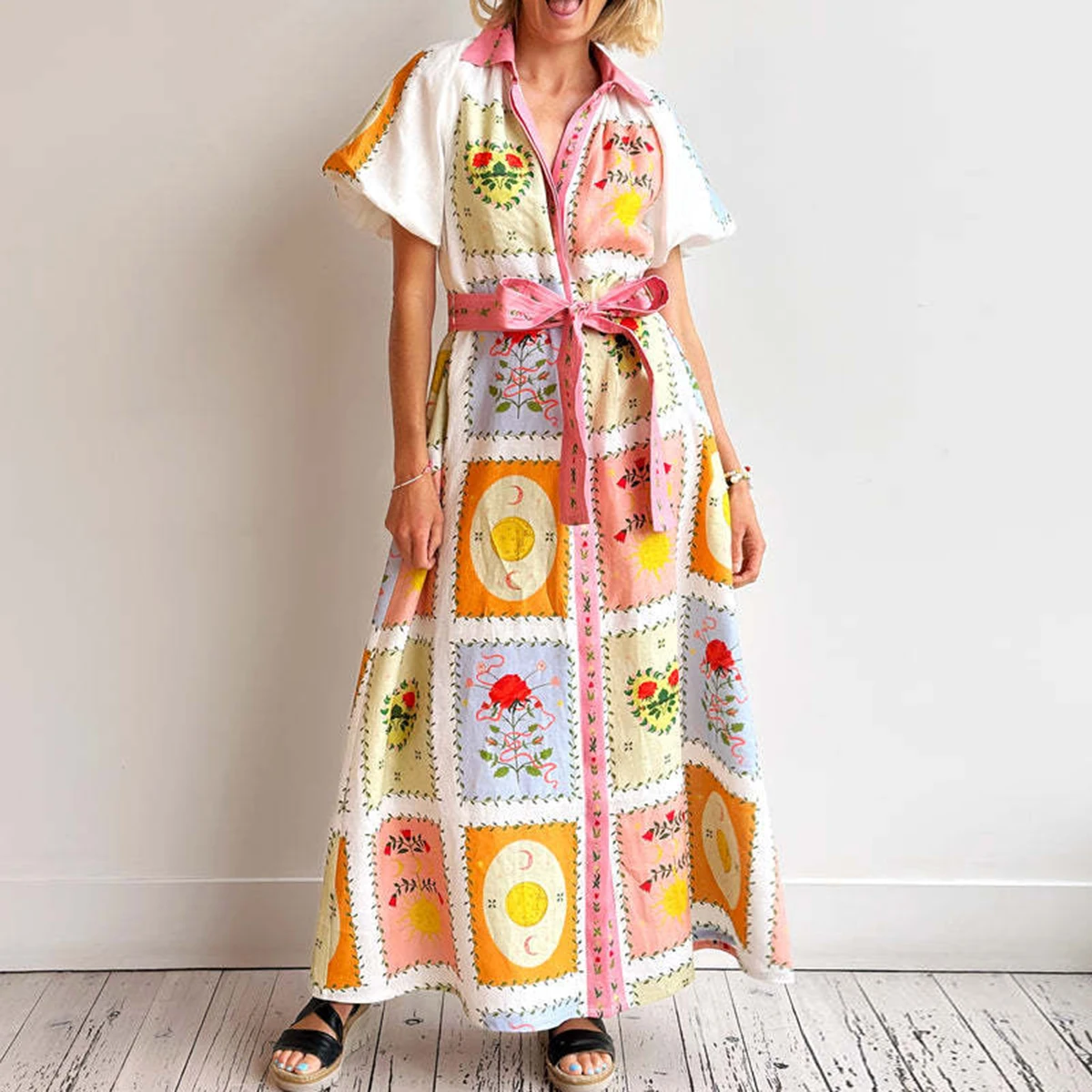Women Shirt Collar Floral Print Single Breasted Belt A Line Long Casual Cotton Linen Dress
Women Shirt Collar Floral Print Single Breasted Belt A Line Long Casual Cotton Linen Dress