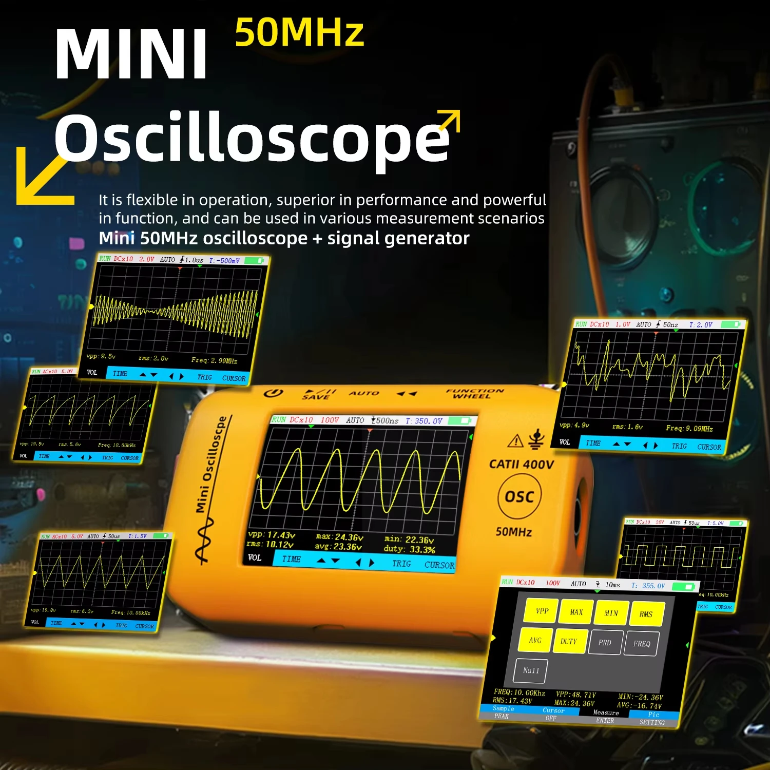 BSIDE OT4 Handheld Oscilloscope! 50MHz Bandwidth, 200MSa/s Sampling. Complete Triggering Modes. Measure up to ±400V. HD Screen
BSIDE OT4 Handheld Oscilloscope! 50MHz Bandwidth, 200MSa/s Sampling. Complete Triggering Modes. Measure up to ±400V. HD Screen
