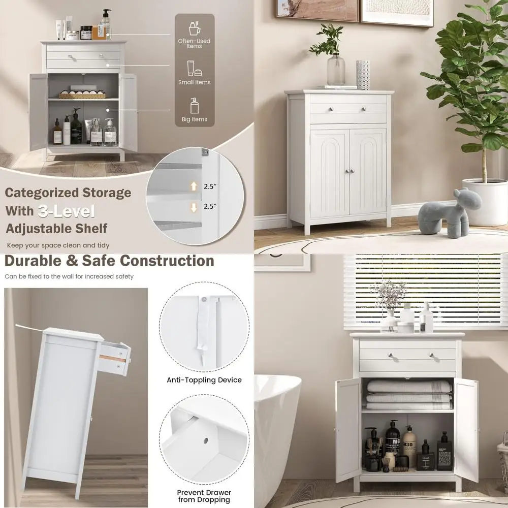 White Freestanding Storage Cabinet with Drawers, Door, and Adjustable Shelf for Home Organization
White Freestanding Storage Cabinet with Drawers, Door, and Adjustable Shelf for Home Organization