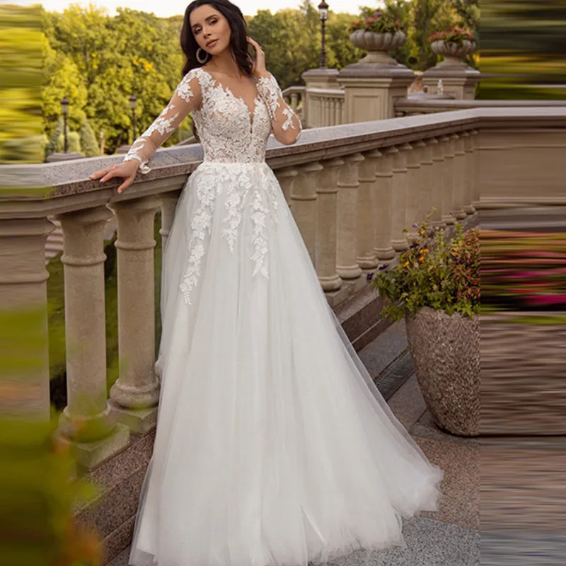 Fashion Lace Wedding Dress Long Sleeves 2023 For Bride Sexy V-Neck A-Line Wedding Gown Lace Up Pleat Tulle Robe De Mariée
Fashion Lace Wedding Dress Long Sleeves 2023 For Bride Sexy V-Neck A-Line Wedding Gown Lace Up Pleat Tulle Robe De Mariée
