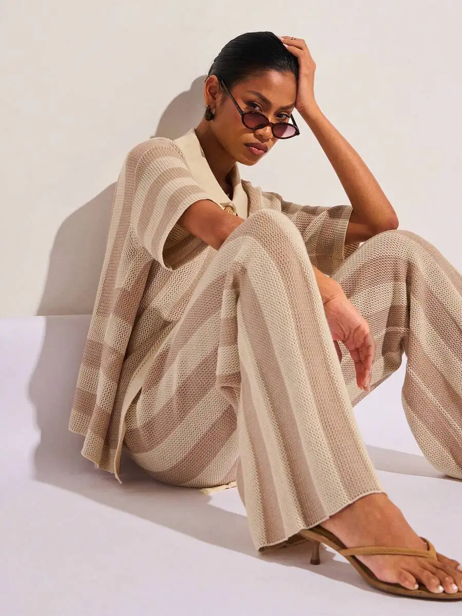 Womens Summer Striped Knit Drawstring Waist Wide Leg Pants
Womens Summer Striped Knit Drawstring Waist Wide Leg Pants