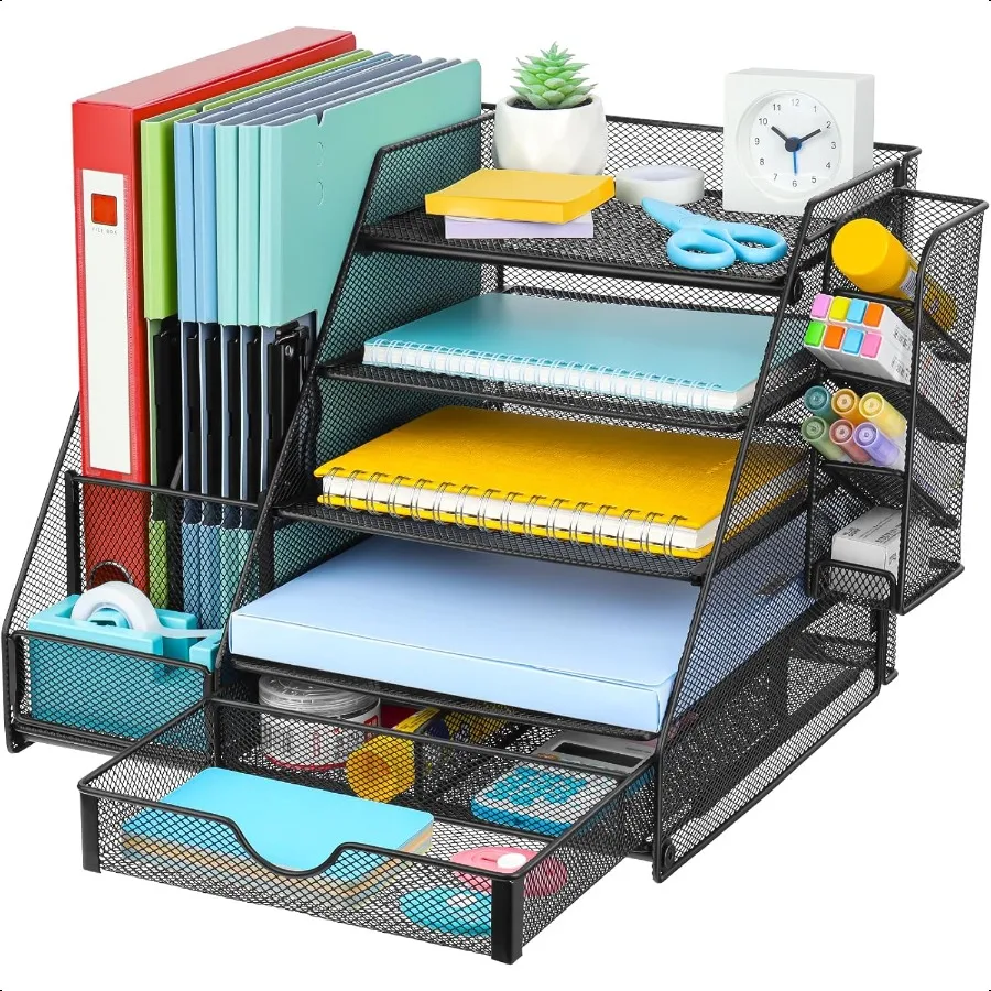 GALASALA Mesh Desk Organizer 5 Tier Paper Letter Tray with Extra Vertical File Sorter Sliding Drawer and Pen Holders for Desk A
GALASALA Mesh Desk Organizer 5 Tier Paper Letter Tray with Extra Vertical File Sorter Sliding Drawer and Pen Holders for Desk A