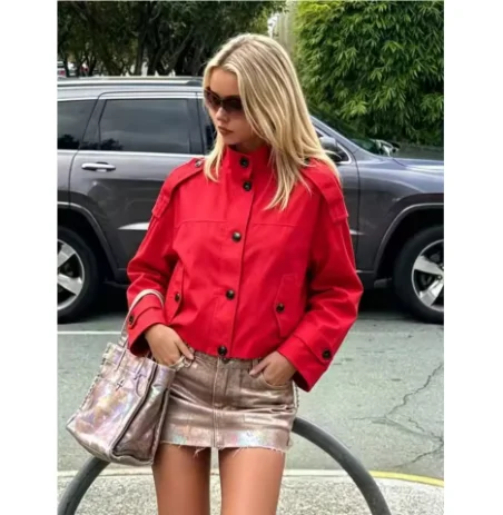Bright Red Jacket Stand Collar Epaulet Shoulder Black Buttons Diagonal Flap Pockets Loose Vintage Streetwear Women Outerwear
Bright Red Jacket Stand Collar Epaulet Shoulder Black Buttons Diagonal Flap Pockets Loose Vintage Streetwear Women Outerwear