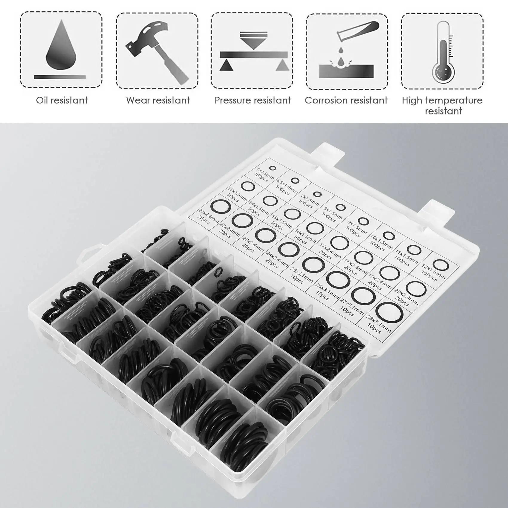 N84R 2400PCS Nitrile Rubber O Ring Set With Hook Tools NBR Seal Rings Gasket Oring Oil-Resistant Sealing O-Ring Kit
N84R 2400PCS Nitrile Rubber O Ring Set With Hook Tools NBR Seal Rings Gasket Oring Oil-Resistant Sealing O-Ring Kit