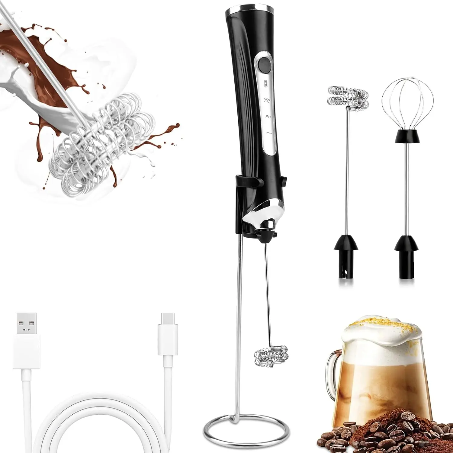 Rechargeable Milk Frother Handheld with 3 Speeds, USB-C, 2 Whisks & Stand for Coffee, Latte, Cappuccino, Egg, Matcha
Rechargeable Milk Frother Handheld with 3 Speeds, USB-C, 2 Whisks & Stand for Coffee, Latte, Cappuccino, Egg, Matcha
