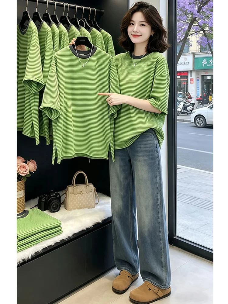 Loose Fit Striped Short Sleeve round Neck T-Shirt Women's Casual Style Summer Lazy Fashion Top plus Size Color Block Design
Loose Fit Striped Short Sleeve round Neck T-Shirt Women's Casual Style Summer Lazy Fashion Top plus Size Color Block Design