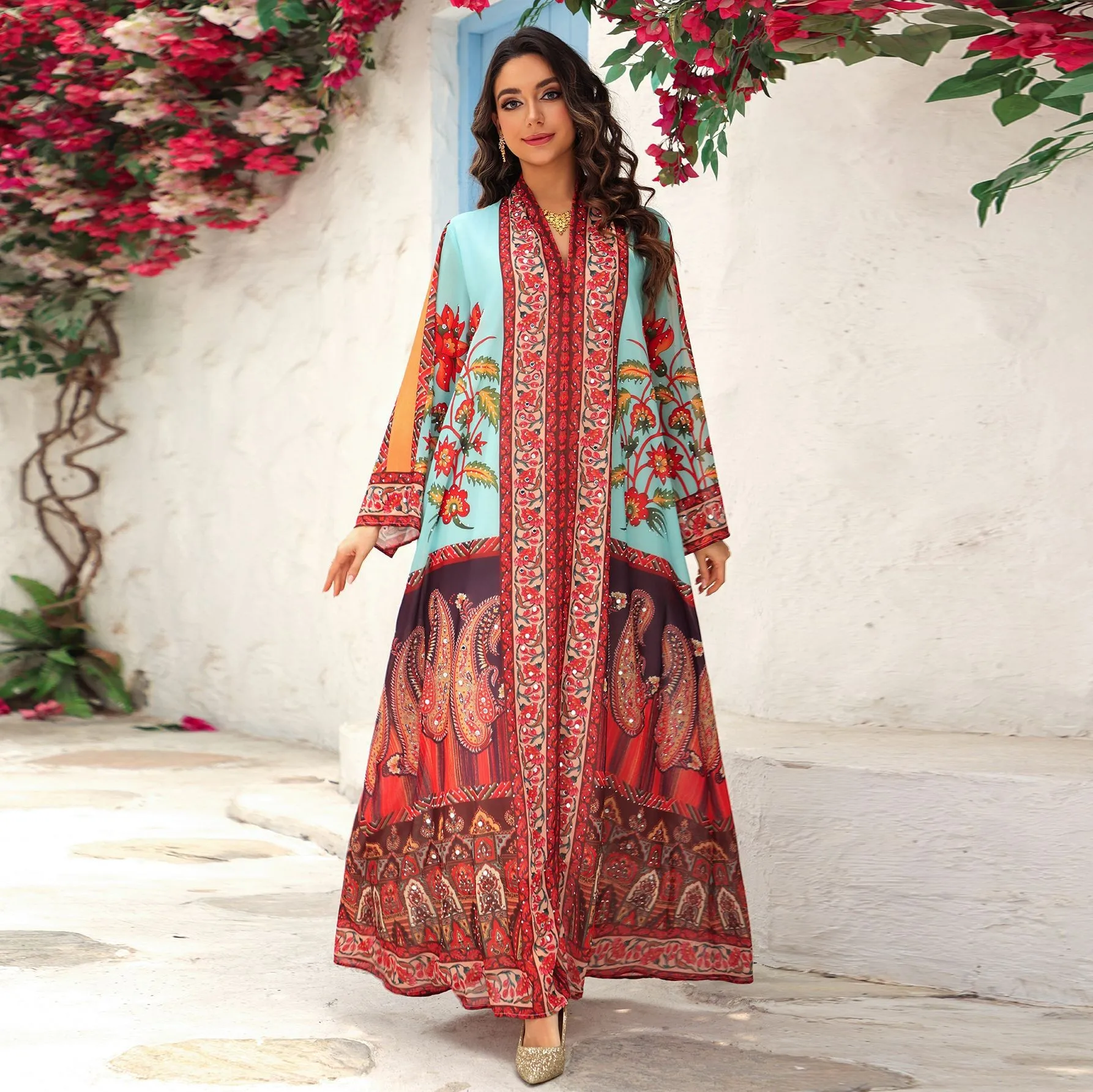 Tribal Maxi Dress Floral Print Turquoise Blue Dresses Batwing Sleeve Long Dress Sheer Chiffon V Neck Gown with Embroidered Trim
Tribal Maxi Dress Floral Print Turquoise Blue Dresses Batwing Sleeve Long Dress Sheer Chiffon V Neck Gown with Embroidered Trim