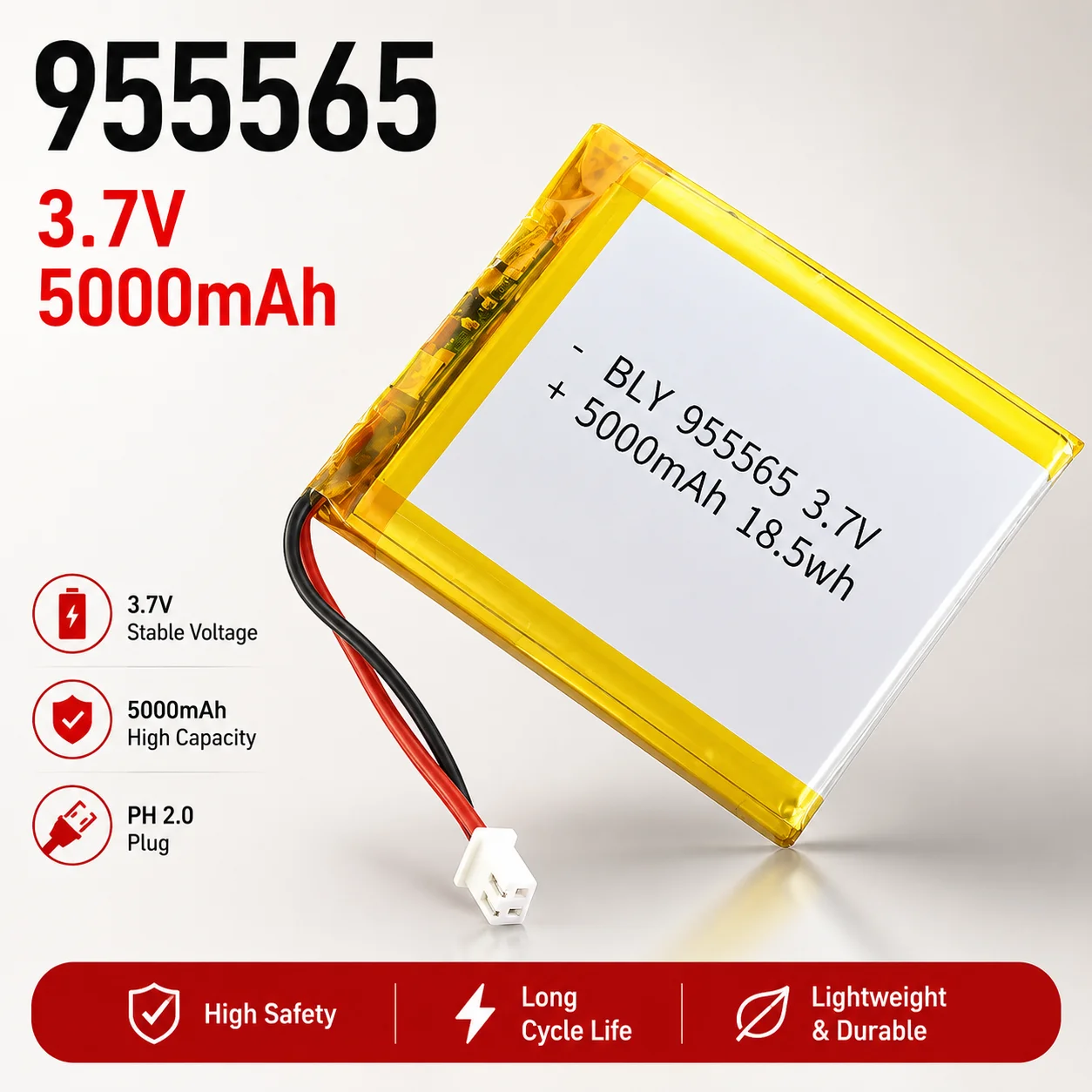 955565 3.7V 5000mAh Rechargeable Lithium Polymer Battery for Portable Power Bank GPS Wireless Speaker
955565 3.7V 5000mAh Rechargeable Lithium Polymer Battery for Portable Power Bank GPS Wireless Speaker