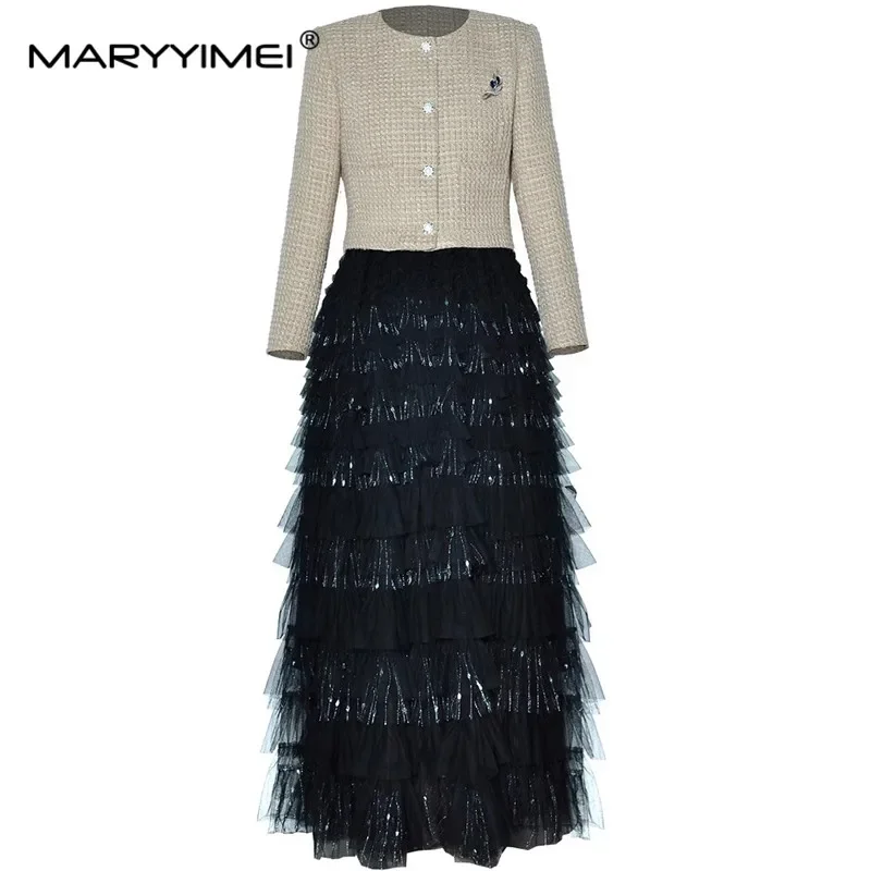 MARYYIMEI Fashion design Women's Suit Round neck long sleeved brooch short top jacket+Cake mesh half skirt 2 piece set
MARYYIMEI Fashion design Women's Suit Round neck long sleeved brooch short top jacket+Cake mesh half skirt 2 piece set