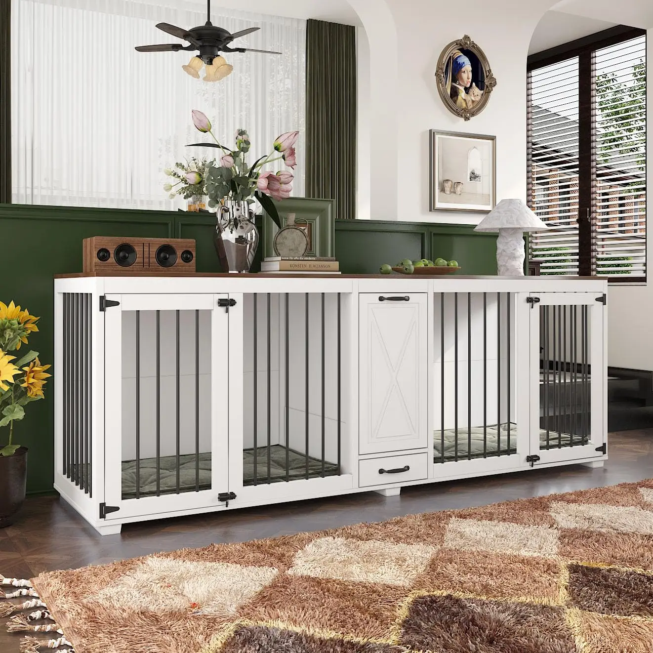 Large Furniture Style Large Dog Crate for 2 Dogs with 2 Dog Bowls & a Storage Drawer, 84.6" Heavy Duty Wooden Dog Kennel, Indoor
Large Furniture Style Large Dog Crate for 2 Dogs with 2 Dog Bowls & a Storage Drawer, 84.6" Heavy Duty Wooden Dog Kennel, Indoor