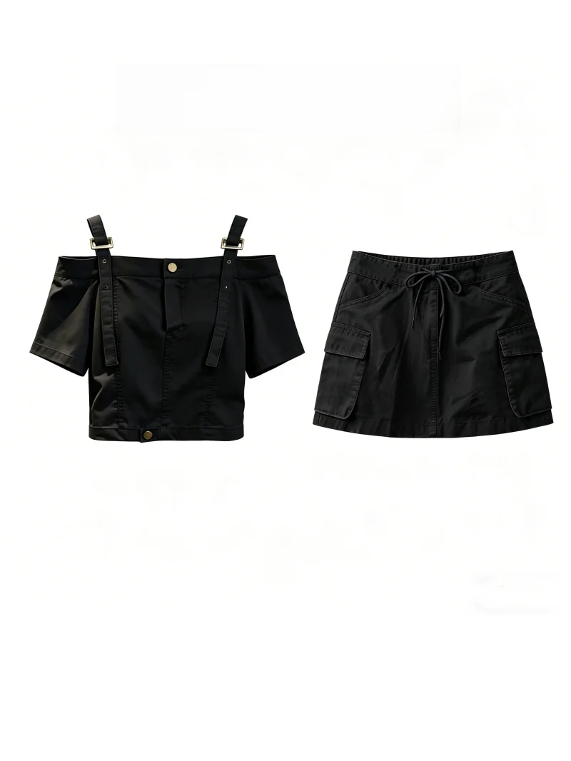 Retro Style Black Versatile Shoulder Bared Short Sleeve Top And Skirt Two Piece Set Fashionable Korean Loose Fit Spring Wear
Retro Style Black Versatile Shoulder Bared Short Sleeve Top And Skirt Two Piece Set Fashionable Korean Loose Fit Spring Wear