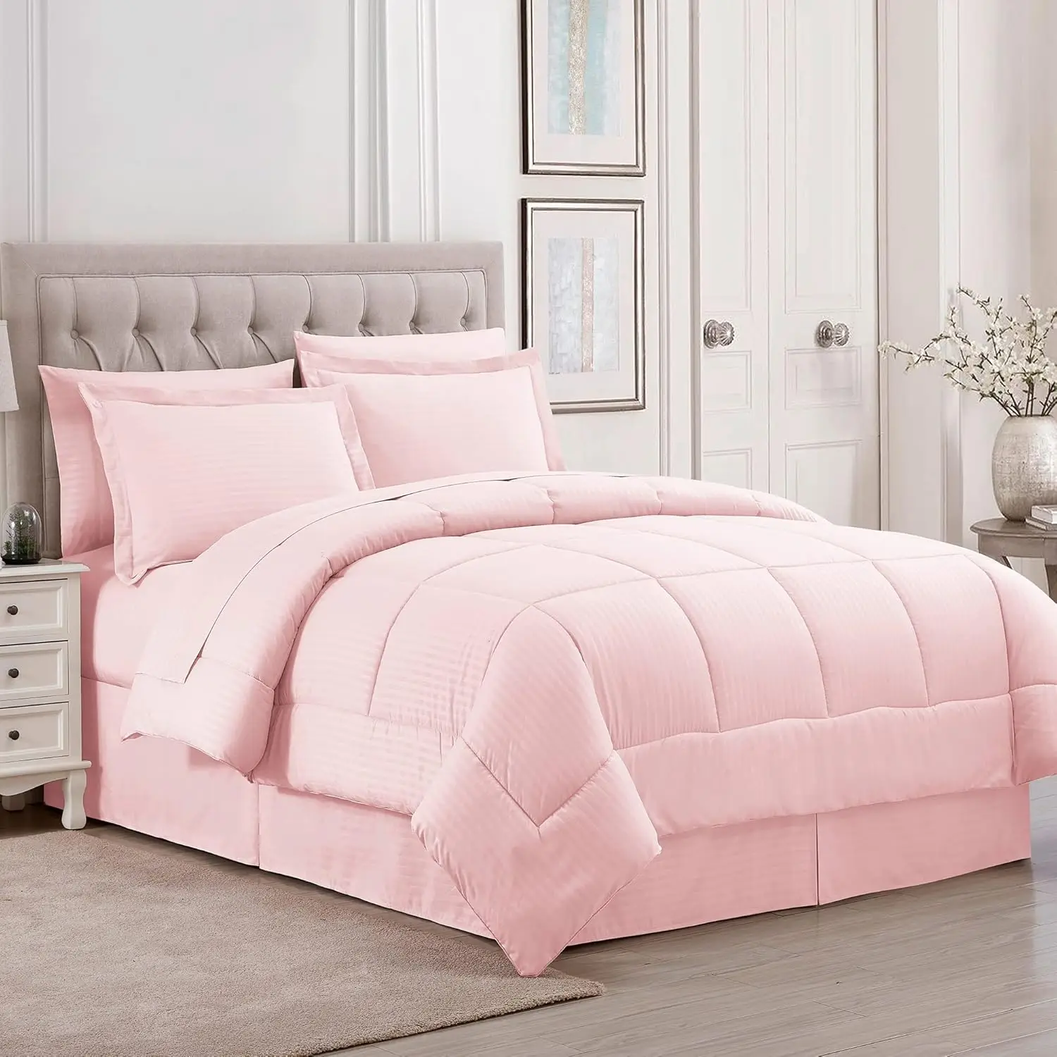 Queen ComforterSet 8 Piece Bed in a Bag withBedSkirt, FittedSheet, FlatSheet, 2 Pillowcases, 2 PillowShams, Queen, DobbyPalePink
Queen ComforterSet 8 Piece Bed in a Bag withBedSkirt, FittedSheet, FlatSheet, 2 Pillowcases, 2 PillowShams, Queen, DobbyPalePink