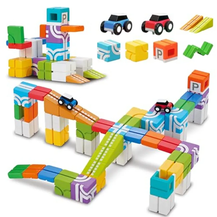 STEM building toys for kids ages 4-8: magnetic cubes car track set with 2 push-and-go cars, ramps track plates in red-blue colo
STEM building toys for kids ages 4-8: magnetic cubes car track set with 2 push-and-go cars, ramps track plates in red-blue colo