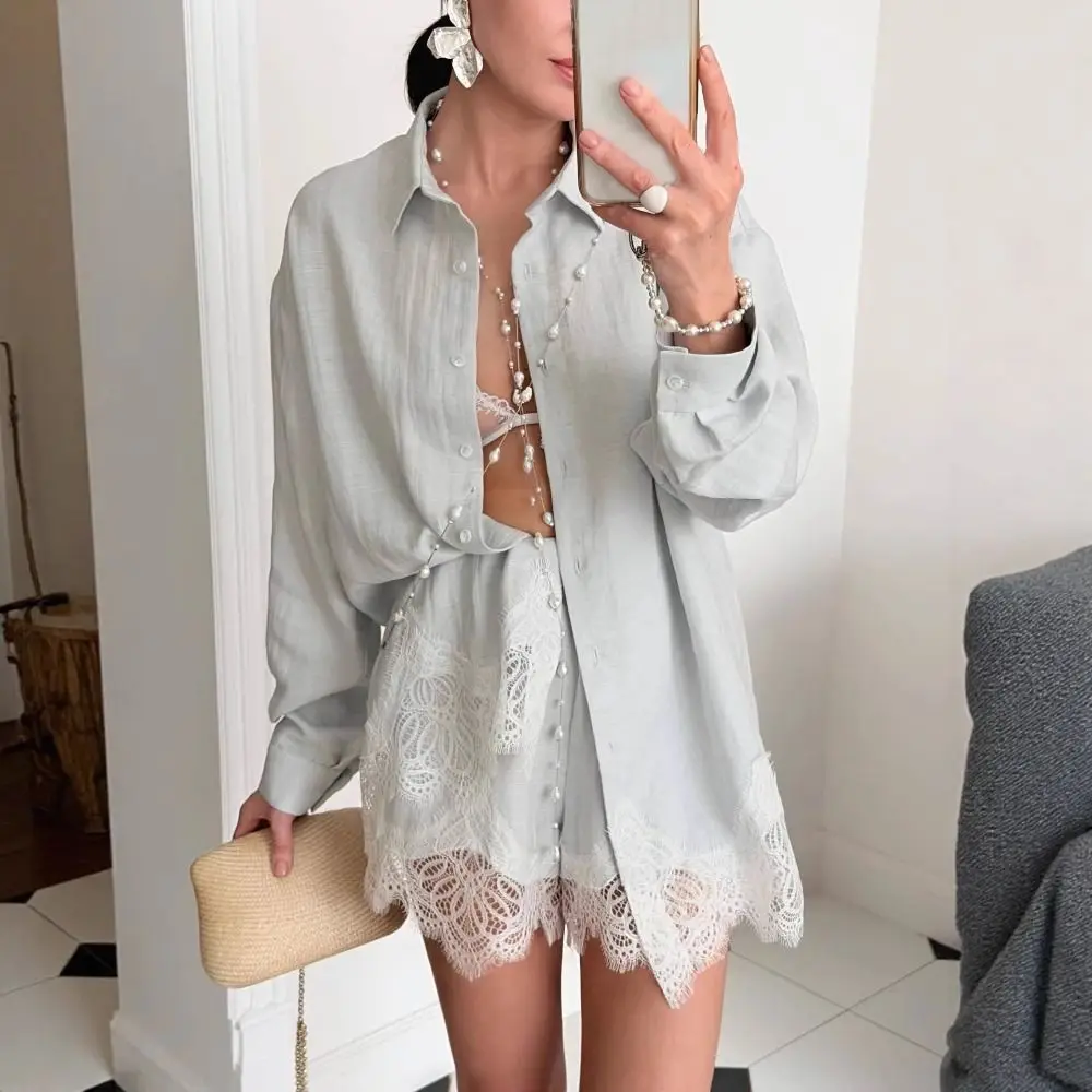 Lace Patchwork Women's Shirt Shorts Suit Full Sleeve Solid Color Two Piece Set Elastic Waist High Waist Blouse Shorts Set
Lace Patchwork Women's Shirt Shorts Suit Full Sleeve Solid Color Two Piece Set Elastic Waist High Waist Blouse Shorts Set