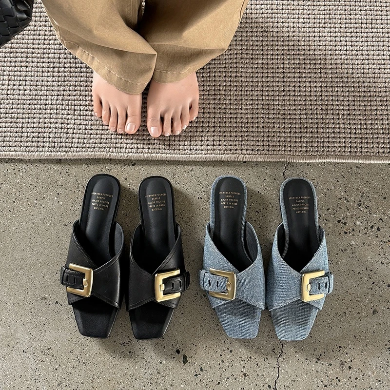 Women's new summer leather sheepskin canvas low heel exposed toe metal belt buckle fish mouth shoes fashion slippers
Women's new summer leather sheepskin canvas low heel exposed toe metal belt buckle fish mouth shoes fashion slippers