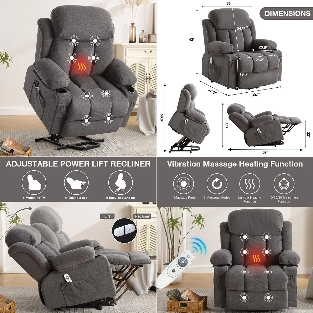 Power Lift Recliner Chair for Elderly with Vibration Massage and Lumbar Heating Electric Oversized Single Sofa with Cup Holder
Power Lift Recliner Chair for Elderly with Vibration Massage and Lumbar Heating Electric Oversized Single Sofa with Cup Holder