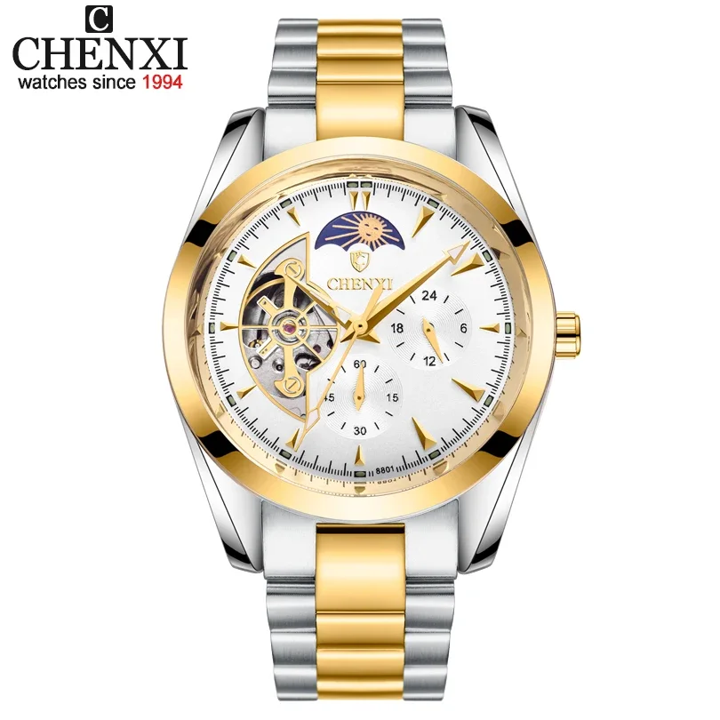 CHENXI Watches Men Moon Phase Tourbillon Watches Luxury Gold Stainless Steel Automatic Mechanical Wristwatches Men Reloj Hombre
CHENXI Watches Men Moon Phase Tourbillon Watches Luxury Gold Stainless Steel Automatic Mechanical Wristwatches Men Reloj Hombre