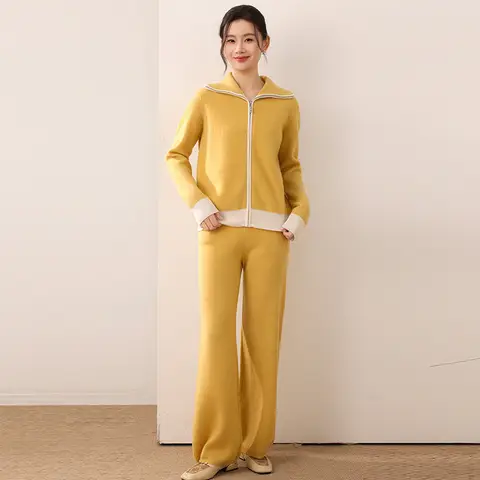 2026 Autumn Women's Casual Wool Cardigan Sweater Pants Set Long Sleeve Zipper Cardigan+Wool Wide Leg Pants Women's Office Set