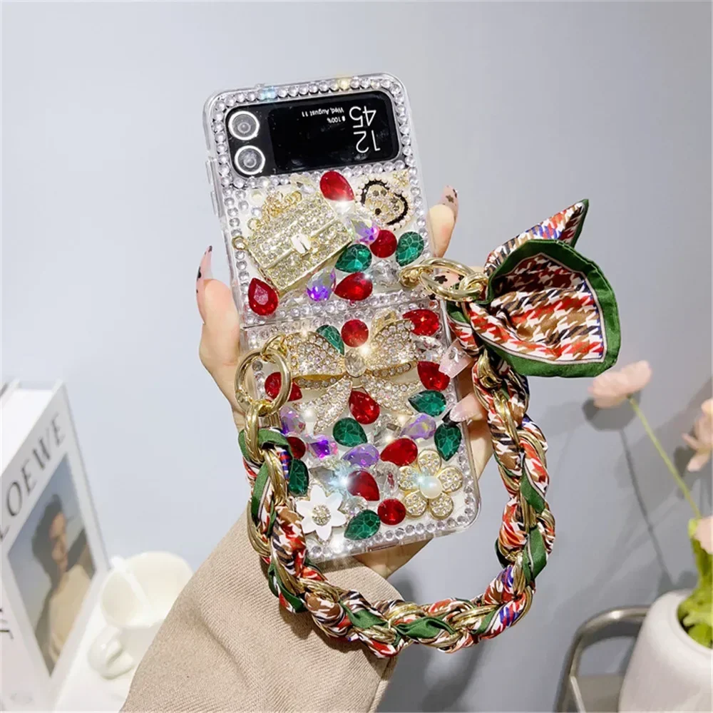 Elegant Silk Scarf Bracelet Chain Case for Samsung Galaxy Z Flip 5, 4, 5G, Zflip3, Glitter Diamond, Rhinestone Flower Bow Cover
Elegant Silk Scarf Bracelet Chain Case for Samsung Galaxy Z Flip 5, 4, 5G, Zflip3, Glitter Diamond, Rhinestone Flower Bow Cover