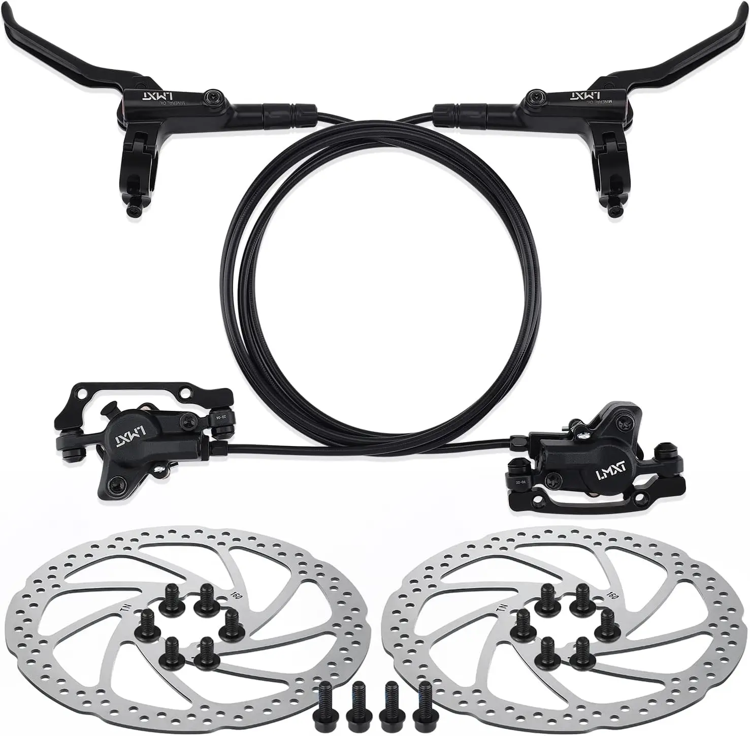 Hydraulic Disc Brake Set with 160mm Rotors, Left Front 81cm & Right Rear 147cm, Aluminum Calipers for Mountain Bike E-Bike
Hydraulic Disc Brake Set with 160mm Rotors, Left Front 81cm & Right Rear 147cm, Aluminum Calipers for Mountain Bike E-Bike