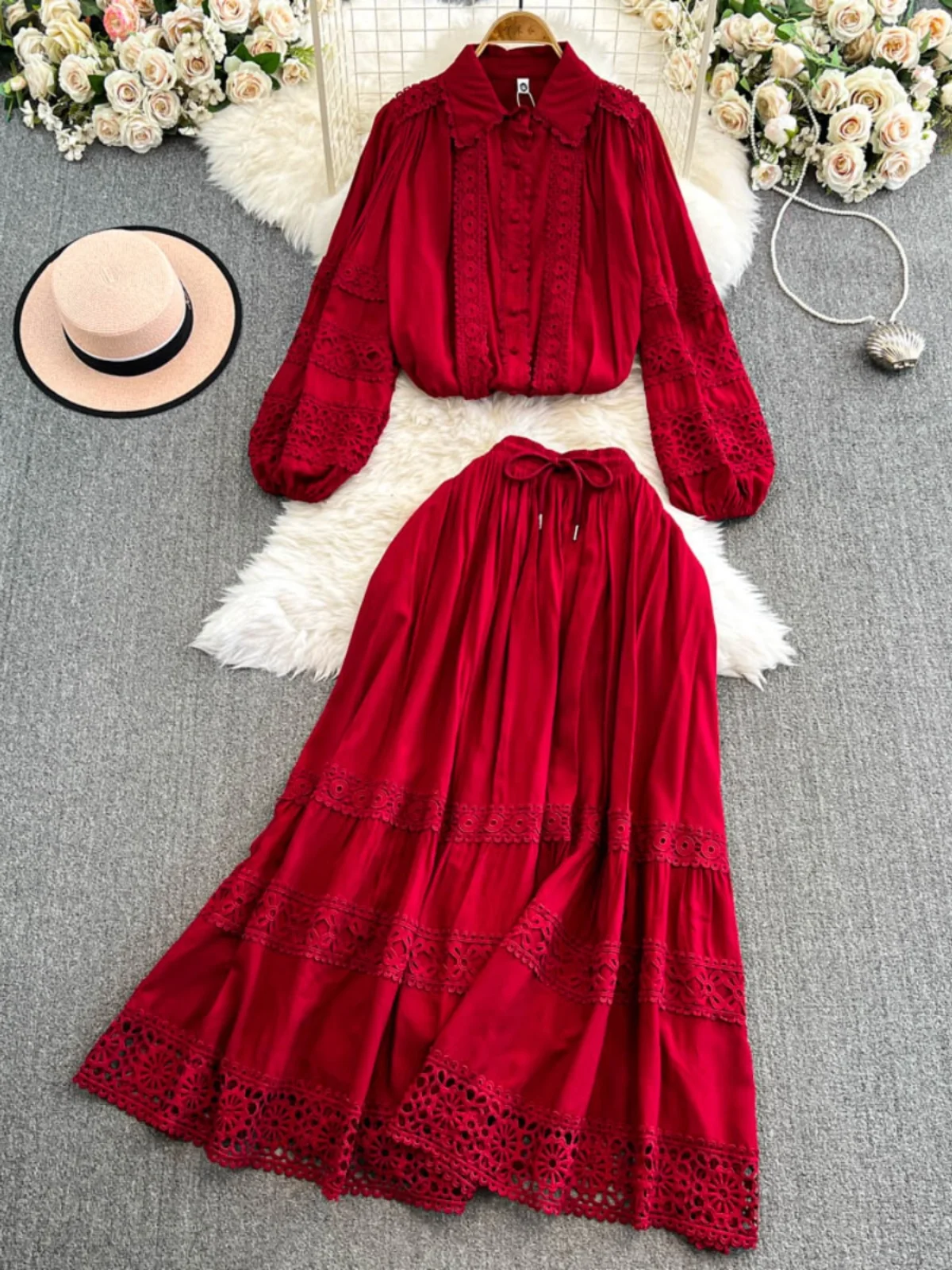 Anti-Aging Lace Panel Long Sve irt And High Waist Flared Skirt Set Women's Faion Ensemble Hollow out Design Slimming E...
Anti-Aging Lace Panel Long Sve irt And High Waist Flared Skirt Set Women's Faion Ensemble Hollow out Design Slimming E...
