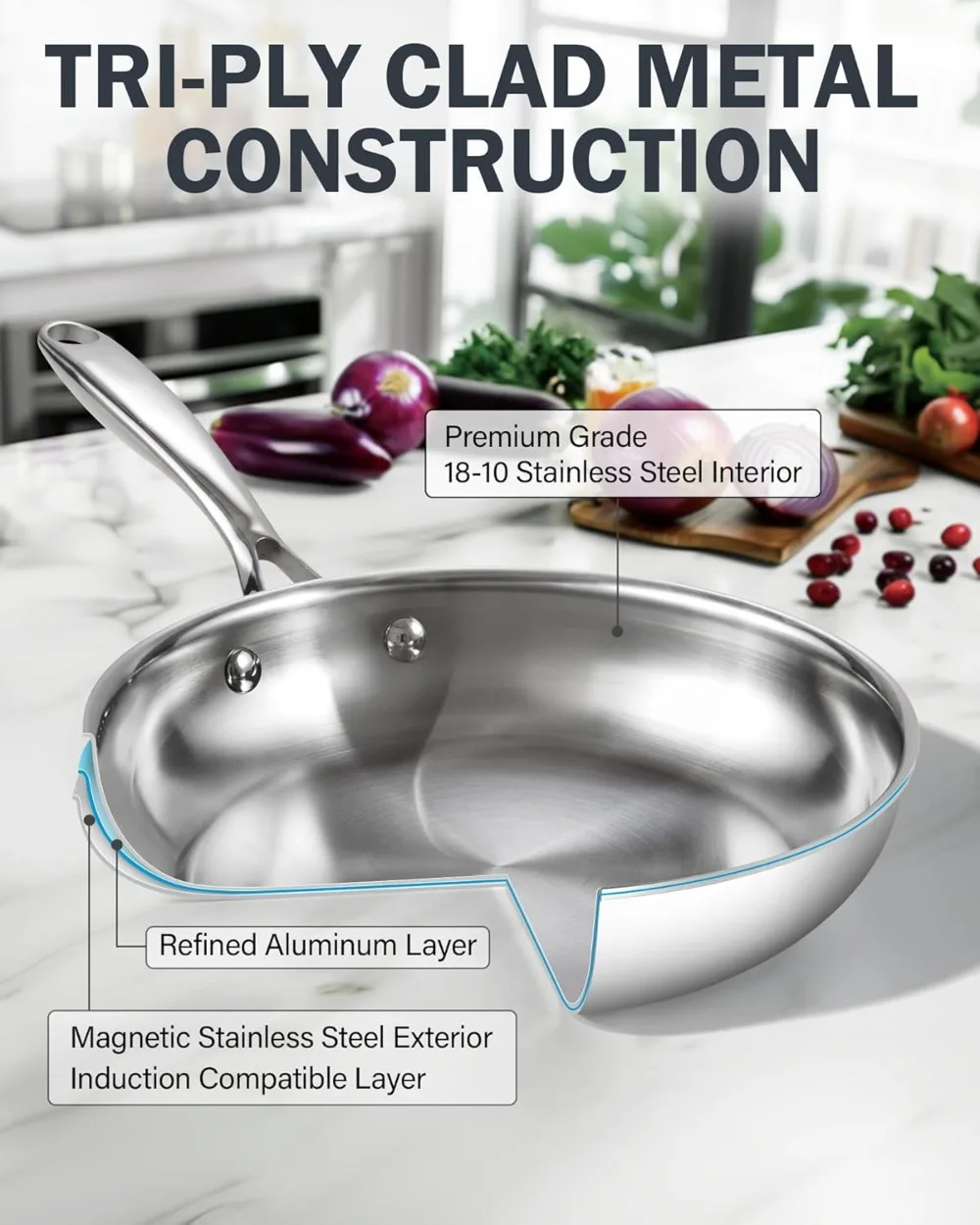 Standard Stainless Steel Frying Pan with Lid, 12-Inch Multi-Ply Clad Wok Stir Fry Pan, Kitchen Skillet, Silver
Standard Stainless Steel Frying Pan with Lid, 12-Inch Multi-Ply Clad Wok Stir Fry Pan, Kitchen Skillet, Silver