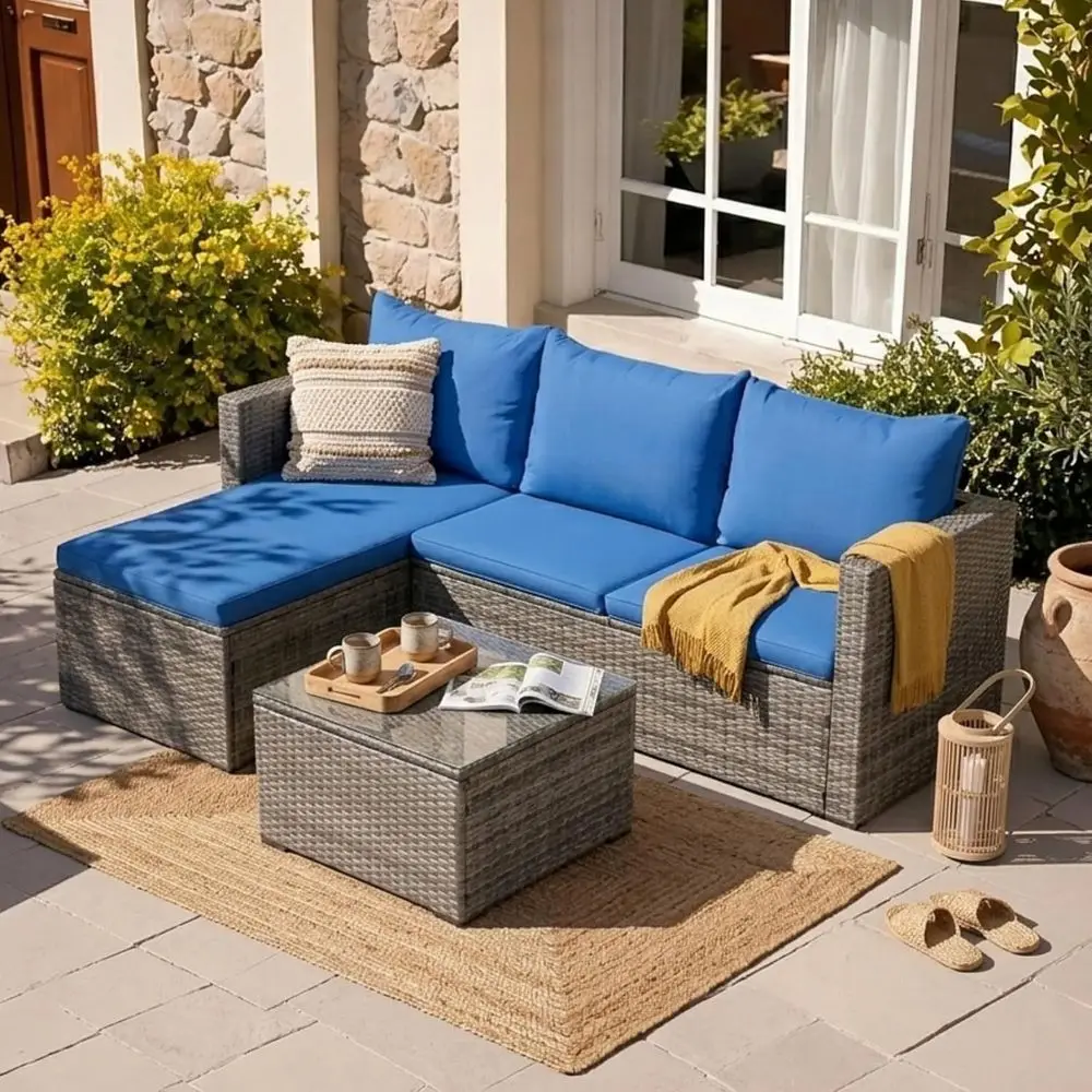 3Piece Outdoor Sectional Sofa Set with Glass Coffee Table, AllWeather PE Wicker Patio Furniture with Thick Cushions, Modular Co
3Piece Outdoor Sectional Sofa Set with Glass Coffee Table, AllWeather PE Wicker Patio Furniture with Thick Cushions, Modular Co