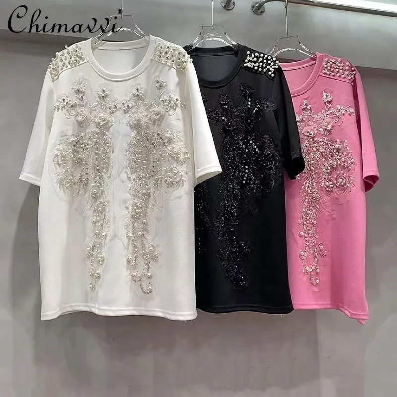 European Spring Summer New Heavy Bead Embroidery Short-sleeved T-shirt Women Fashion Elegant Round Neck Loose High Street Top
European Spring Summer New Heavy Bead Embroidery Short-sleeved T-shirt Women Fashion Elegant Round Neck Loose High Street Top