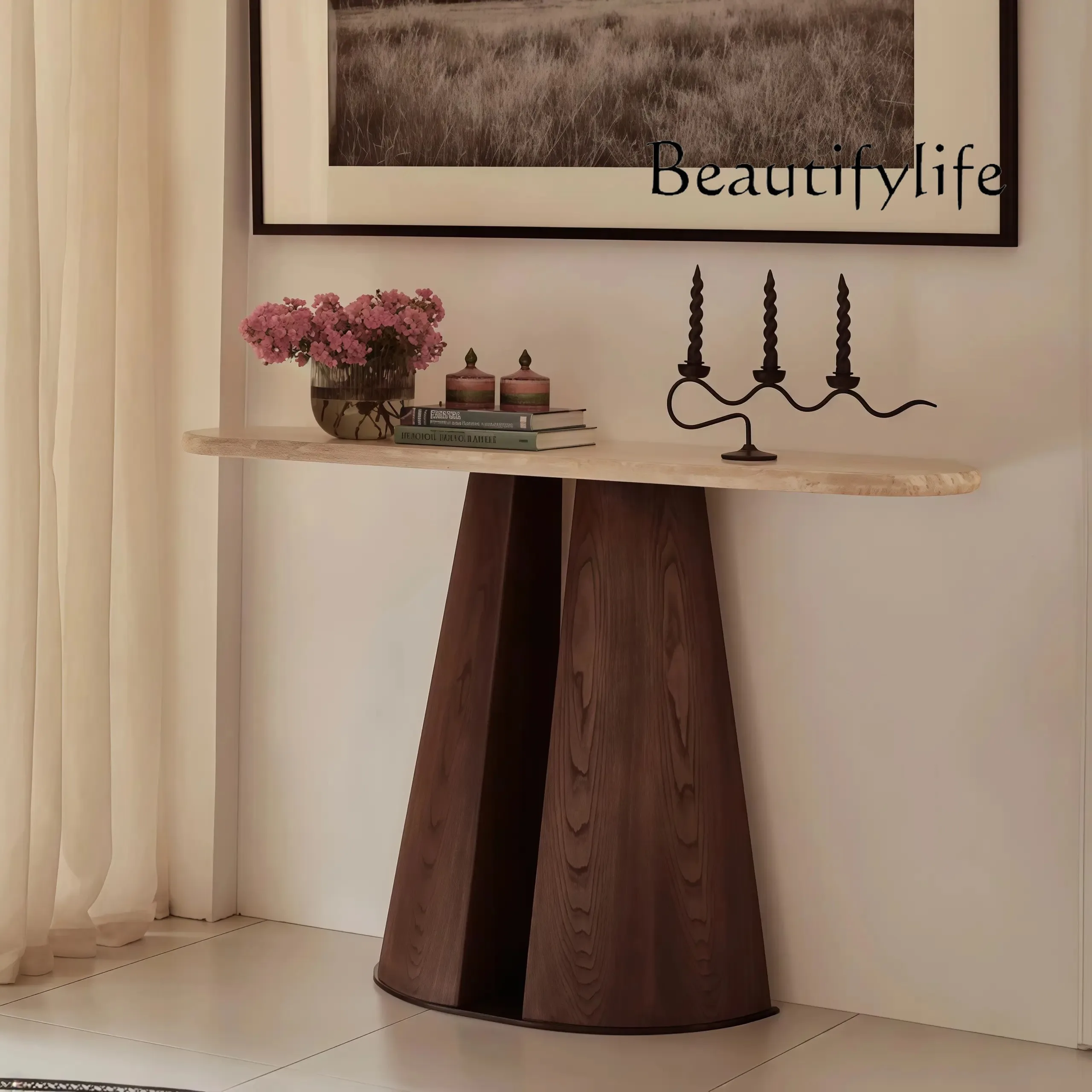 Nordic medieval style entrance table Solid wood new Chinese style home end view table Natural travertine display stand
Nordic medieval style entrance table Solid wood new Chinese style home end view table Natural travertine display stand