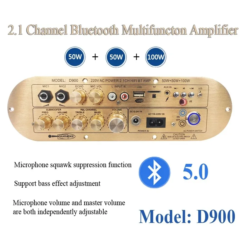 2.1-Chip Bluetooth Amp Board D900 50 W+50 W+100 W 12-24 V Hi-Fi Bass/Treble EQ MIC Echo TWS Pair USB/TF/AUX For Subwoofer EU/US
2.1-Chip Bluetooth Amp Board D900 50 W+50 W+100 W 12-24 V Hi-Fi Bass/Treble EQ MIC Echo TWS Pair USB/TF/AUX For Subwoofer EU/US