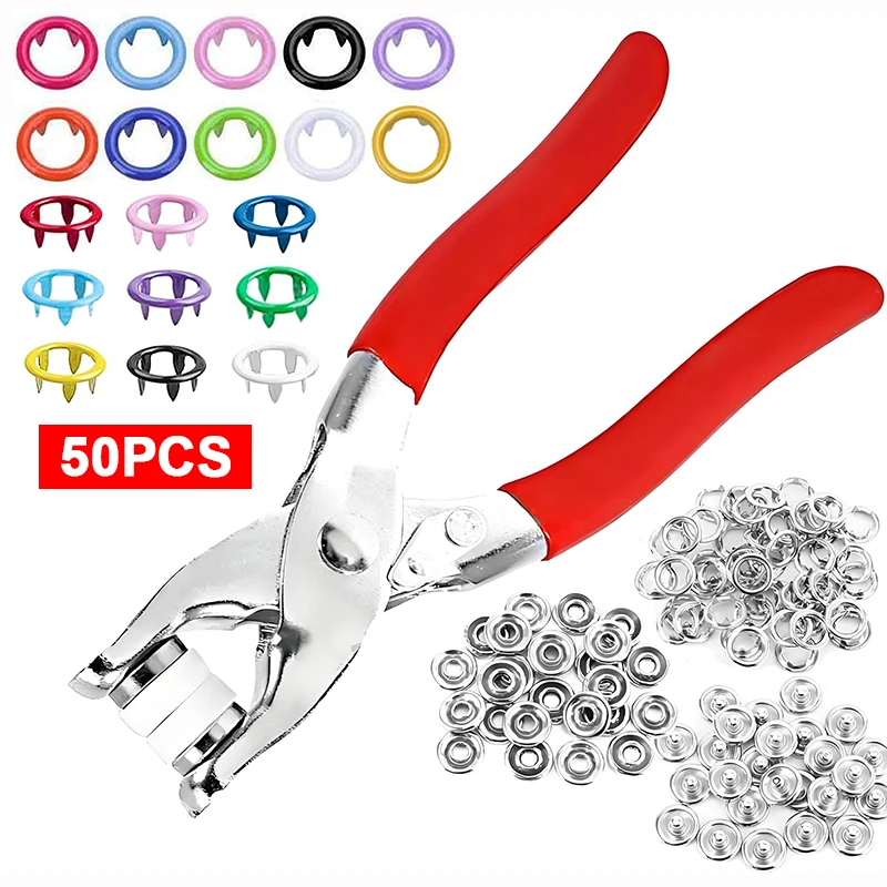 50pcs 9.5mm Prong Rings Metal Snap Buttons with Hand Pressure Plier DIY Sewing Tool Kit for Rivet Buckle Claw
50pcs 9.5mm Prong Rings Metal Snap Buttons with Hand Pressure Plier DIY Sewing Tool Kit for Rivet Buckle Claw