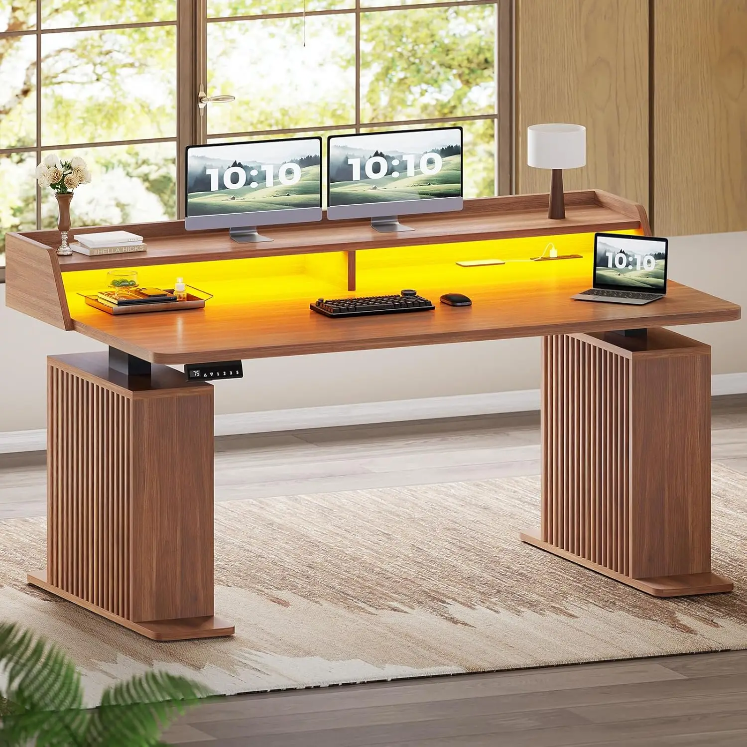 55in Height-Adjustable Standing Desk with Storage Power Outlets LED Lights Monitor Shelf Home Office Gaming Brown Customized
55in Height-Adjustable Standing Desk with Storage Power Outlets LED Lights Monitor Shelf Home Office Gaming Brown Customized
