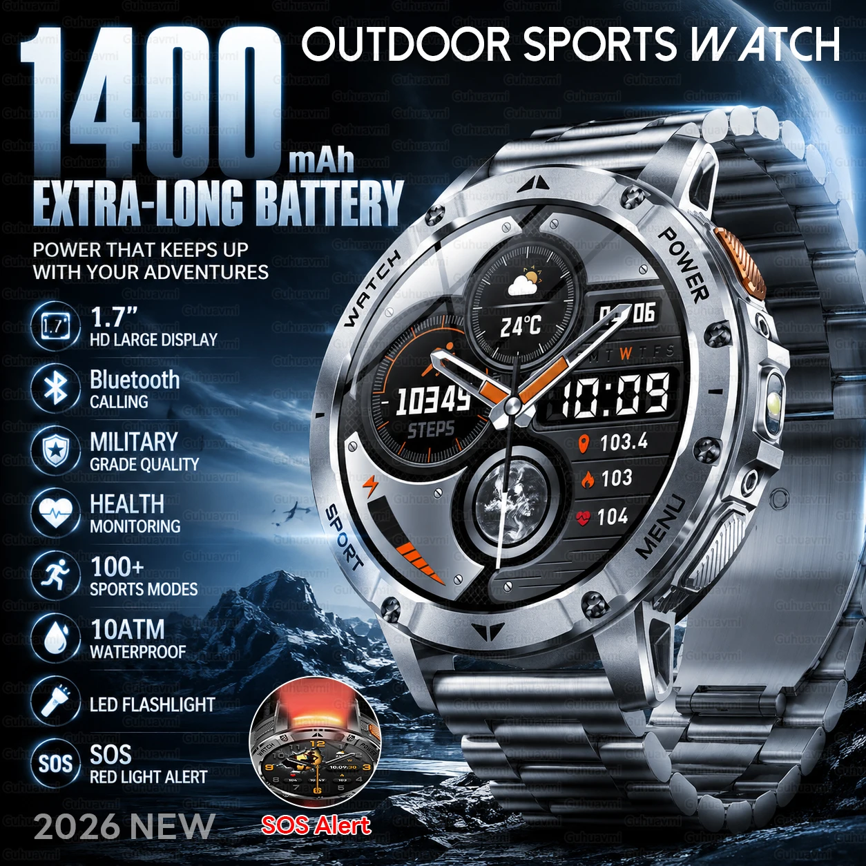 Men Rugged Steel Sport Smart Watch 1400mAh Battery 1.7" HD Bluetooth Call 10ATM Waterproof Heart Rate Fitness Trackr Smartwatch
Men Rugged Steel Sport Smart Watch 1400mAh Battery 1.7" HD Bluetooth Call 10ATM Waterproof Heart Rate Fitness Trackr Smartwatch