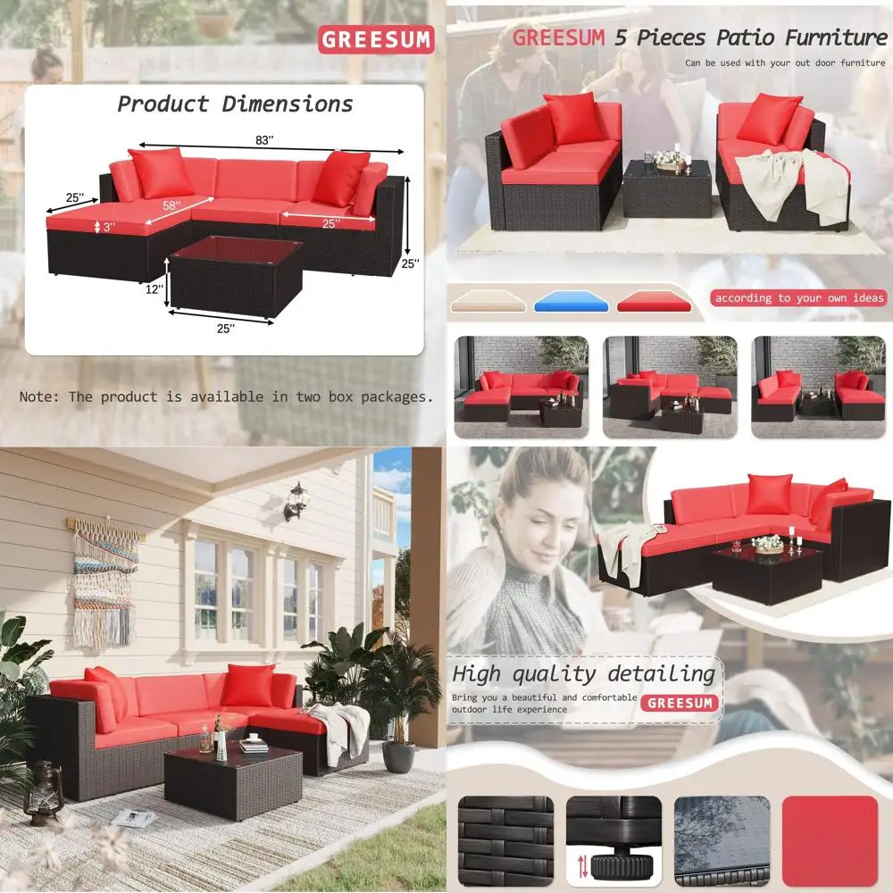 5 Piece Patio urniture Sets Outdoor Wicker Rattan Sectional Soa with Cushions, Pillows & Glass Table, Red
5 Piece Patio urniture Sets Outdoor Wicker Rattan Sectional Soa with Cushions, Pillows & Glass Table, Red