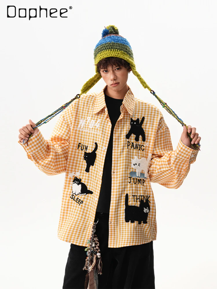 2025 Spring and Autumn New Men's Fun Cat Patch Plaid Long Sleeve Shirt Couple Loose Yellow Blue Casual Daily Shirt
2025 Spring and Autumn New Men's Fun Cat Patch Plaid Long Sleeve Shirt Couple Loose Yellow Blue Casual Daily Shirt