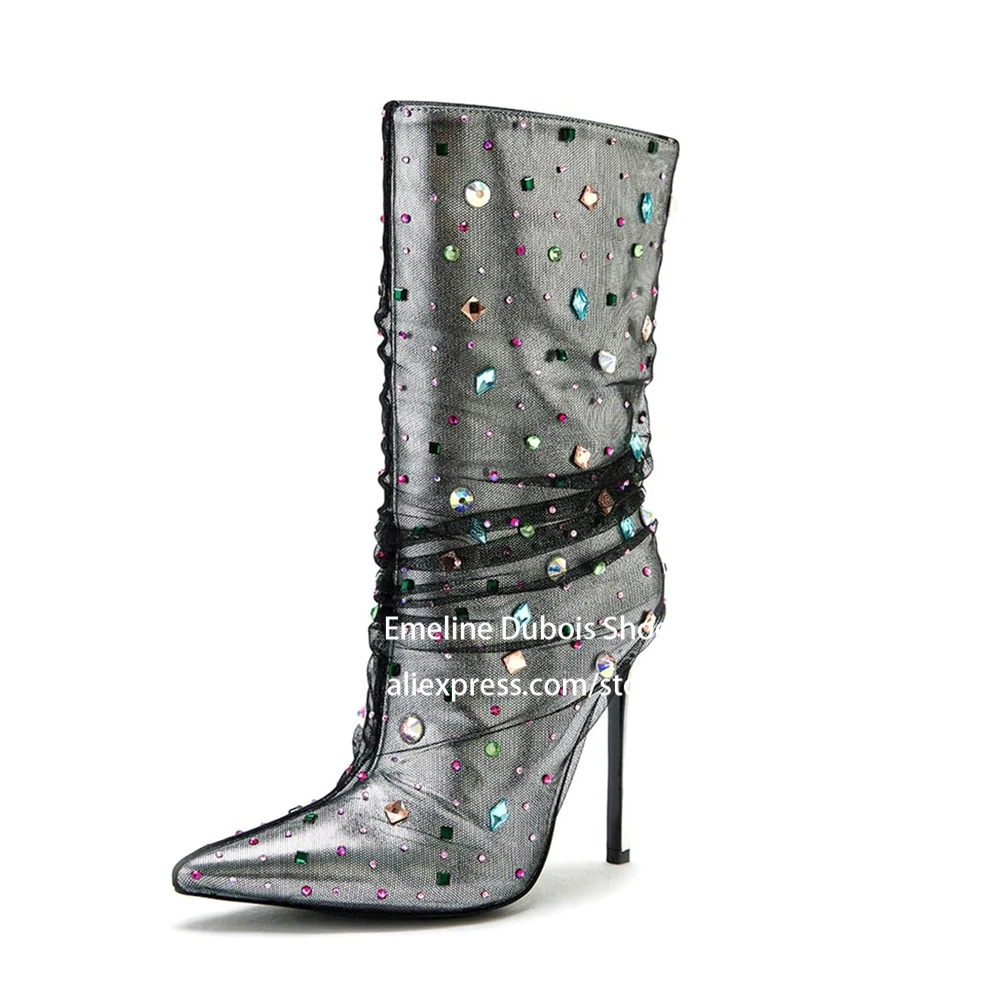Mesh Rhinestone Embellished High Heels Mid Calf Boots Pointed Toe Pleated Tulle Stilettos Heels Women Bootie for Party Nightclub
Mesh Rhinestone Embellished High Heels Mid Calf Boots Pointed Toe Pleated Tulle Stilettos Heels Women Bootie for Party Nightclub