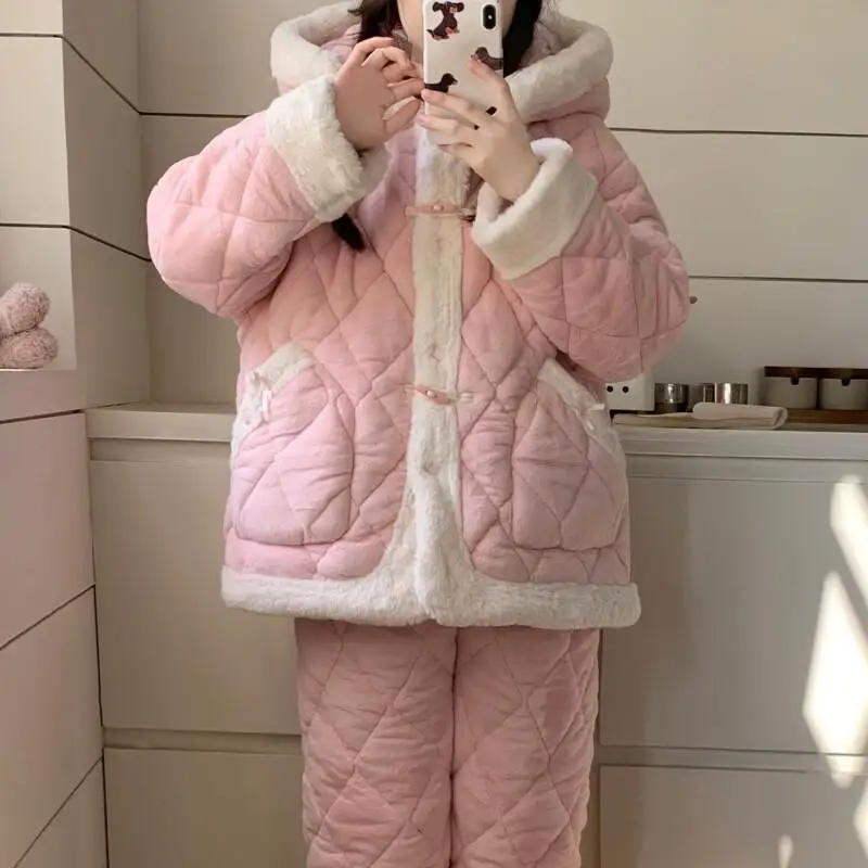 Women's pajamas Comfortable Sleepwear Cotton Pajama Set winter autumn Layered Quilted Pink Teen Coral Fleece Flannel Home Suit
Women's pajamas Comfortable Sleepwear Cotton Pajama Set winter autumn Layered Quilted Pink Teen Coral Fleece Flannel Home Suit