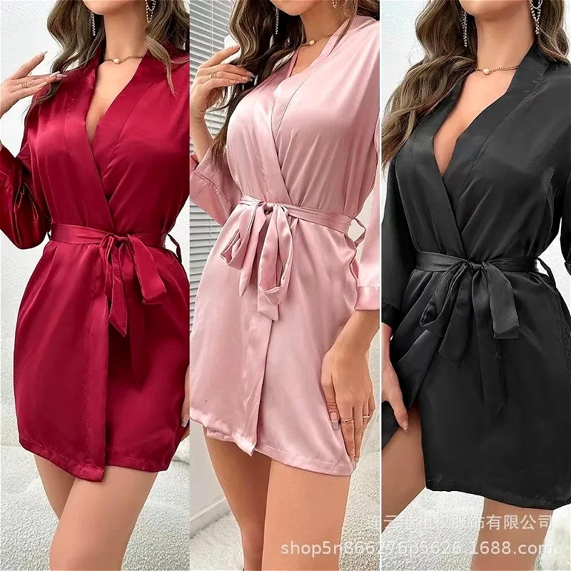 Robes Women's Sexy Sleep Pajamas Dress Summer European American Ladies Lace-up Bathrobe Morning Gown Home Dresses Ice Silk Robe
Robes Women's Sexy Sleep Pajamas Dress Summer European American Ladies Lace-up Bathrobe Morning Gown Home Dresses Ice Silk Robe
