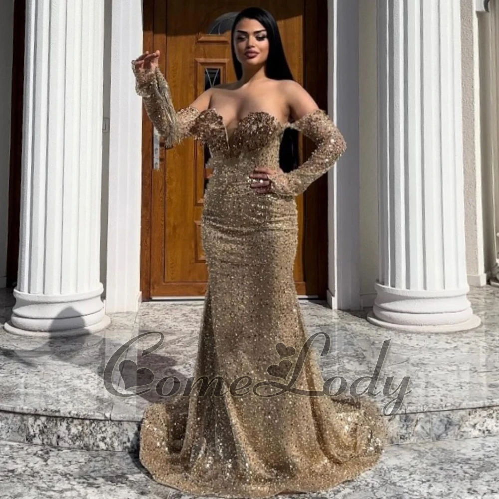 Comelody Exquisite Mermaid Prom Dresses for Women Strapless Long Sleeves Sequin Zipper Crystals Brush Train Made to Order
Comelody Exquisite Mermaid Prom Dresses for Women Strapless Long Sleeves Sequin Zipper Crystals Brush Train Made to Order