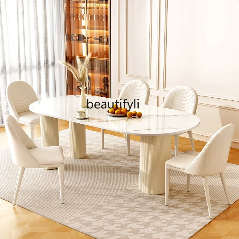 Rock slab dining table light luxury cream style living room household oval dining table and chair combination C56 
Rock slab dining table light luxury cream style living room household oval dining table and chair combination C56