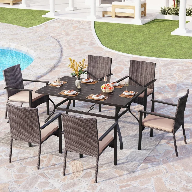 -Piece Outdoor Dining Set 6, 60 Wrought Iron Table with Hole & Cushioned Rattan Chairs, Patio/Deck/Yard
-Piece Outdoor Dining Set 6, 60 Wrought Iron Table with Hole & Cushioned Rattan Chairs, Patio/Deck/Yard