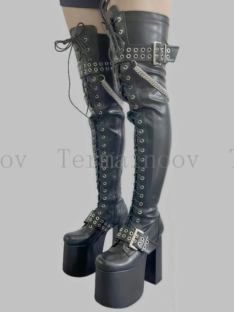 Women Fashion Over The Knee Boots Platform Shoes Chunky Heel Long Boots Round Toe Belt Buckle Chain Zipper Sexy Black Boots
Women Fashion Over The Knee Boots Platform Shoes Chunky Heel Long Boots Round Toe Belt Buckle Chain Zipper Sexy Black Boots