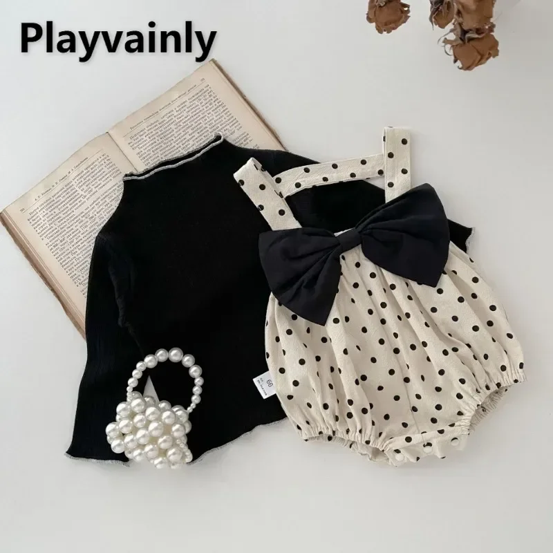 New Spring Autumn Baby Girl Cute Sets Black Half High Collar Elastic T-shirt Polka Dot Bow Straps Bodysuit Newborn Clothes A5165
New Spring Autumn Baby Girl Cute Sets Black Half High Collar Elastic T-shirt Polka Dot Bow Straps Bodysuit Newborn Clothes A5165