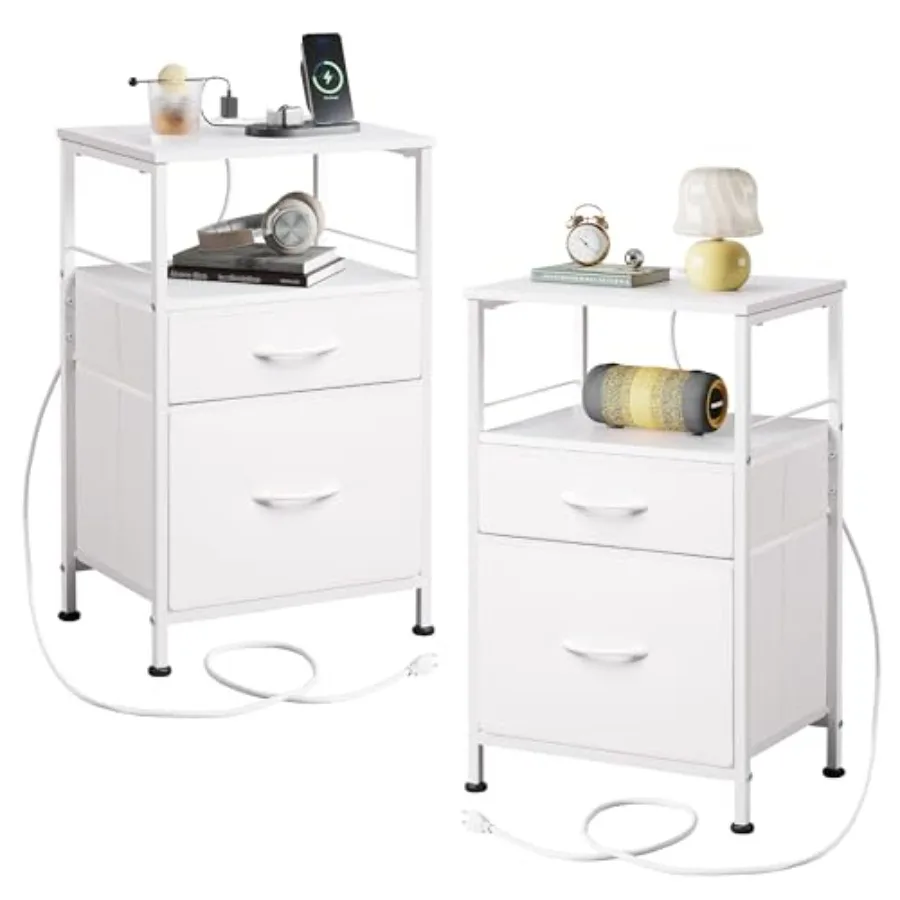 Night Stand Set of 2 White Bedside Tables with Charging Station USB Ports AC Outlets 2 Fabric Drawers Compact Side Tables for B
Night Stand Set of 2 White Bedside Tables with Charging Station USB Ports AC Outlets 2 Fabric Drawers Compact Side Tables for B